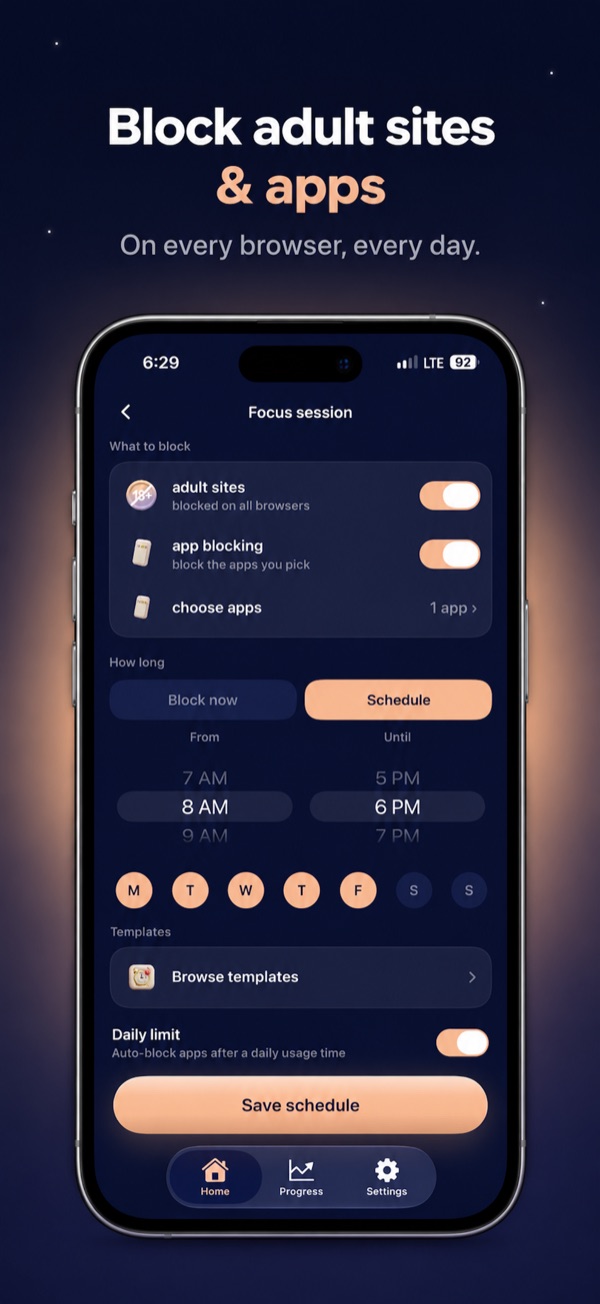 BlockMind focus screen showing website blocking on all browsers and chosen apps blocked on a schedule
