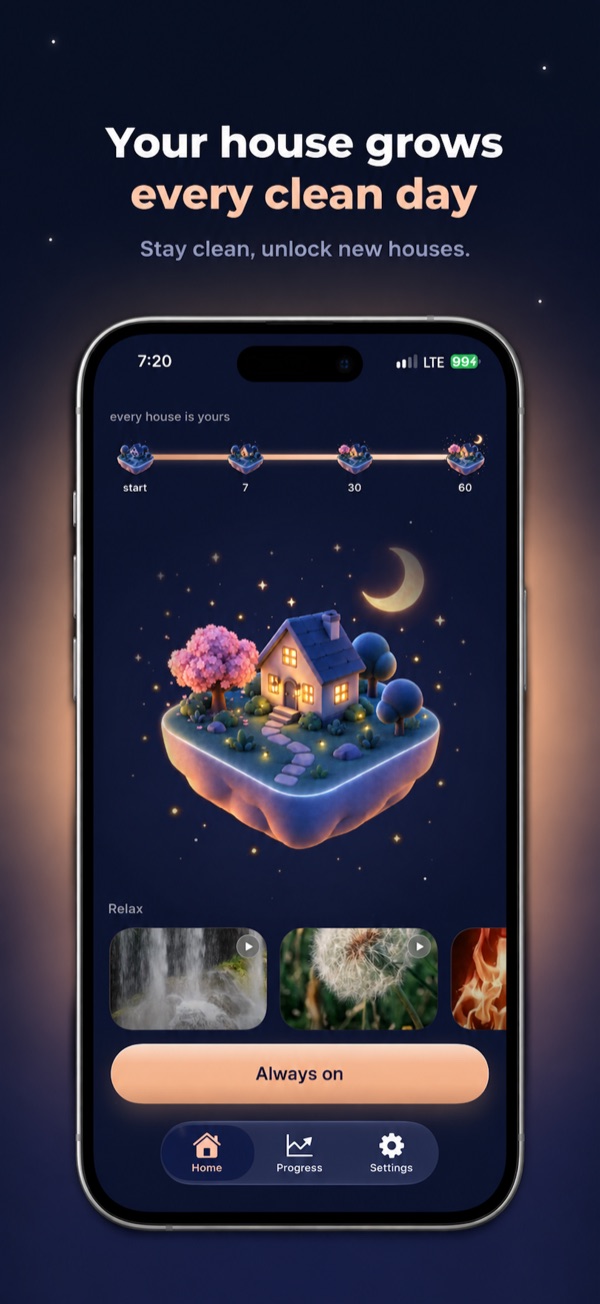 BlockMind home screen with a house phase that grows as the streak gets longer